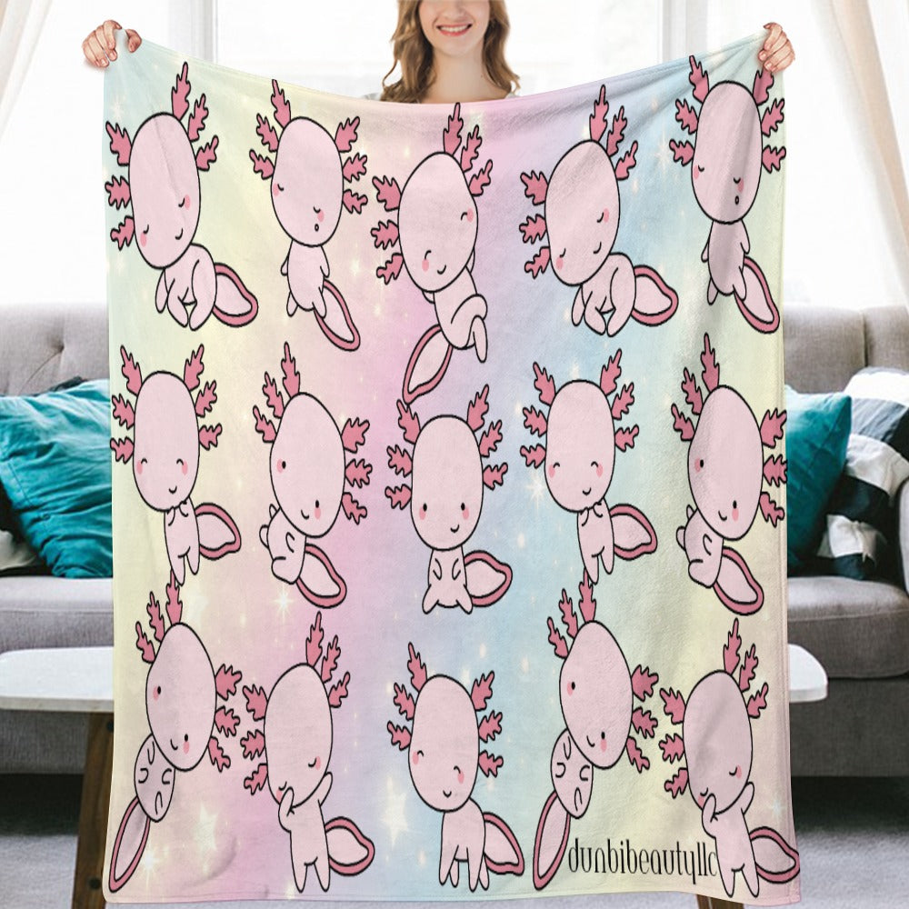 Ultra-Soft Flannel Blanket Multiple Sizes Axolotl, Pastel Rainbow, Cute, Kawaii, Aesthetic, Art, Pink, Blie, Yellow, Green, Purple (Designed by Dunbi)