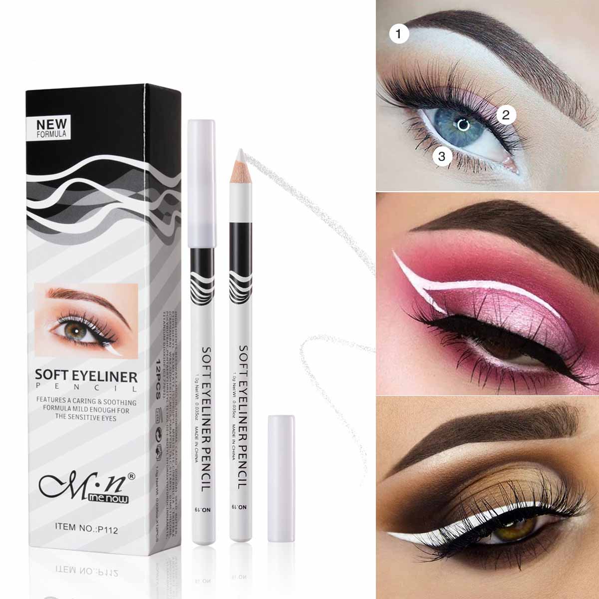 12Pcs Box White Eyeliner Waterproof Eyeliner Pencil Smooth High Gloss Eyeshadow Cosmetics Eye Brightener Makeup Tools