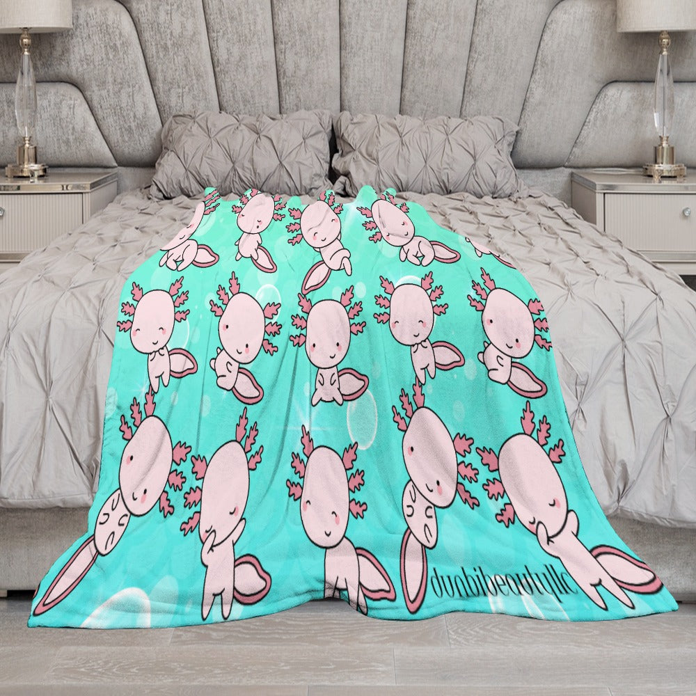 Ultra-Soft Flannel Blanket Multiple Sizes Axolotl, Underwater, Cute, Kawaii, Aesthetic, Art, Pink, Blue, Bubbles (Designed by Dunbi)