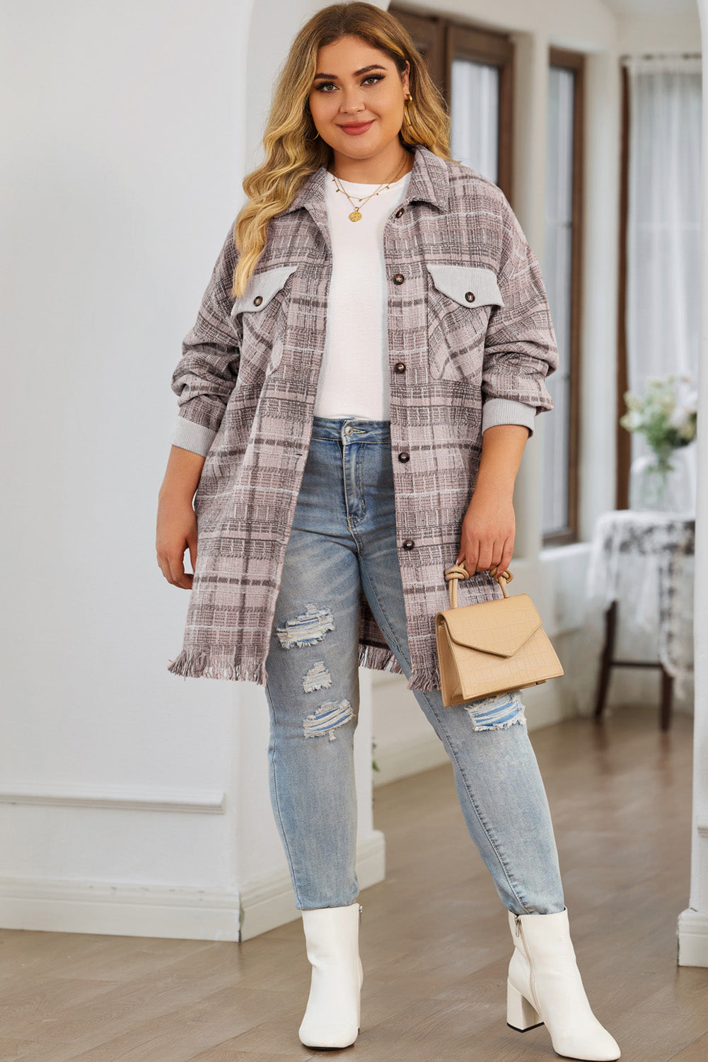 Pink Plus Size Macrame Plaid Coat