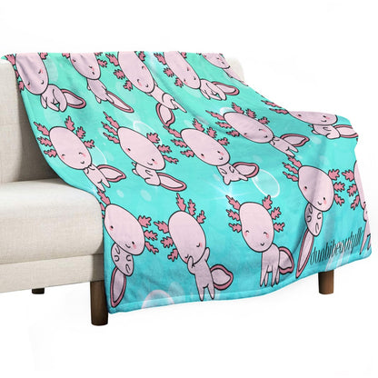 Ultra-Soft Flannel Blanket Multiple Sizes Axolotl, Underwater, Cute, Kawaii, Aesthetic, Art, Pink, Blue, Bubbles (Designed by Dunbi)