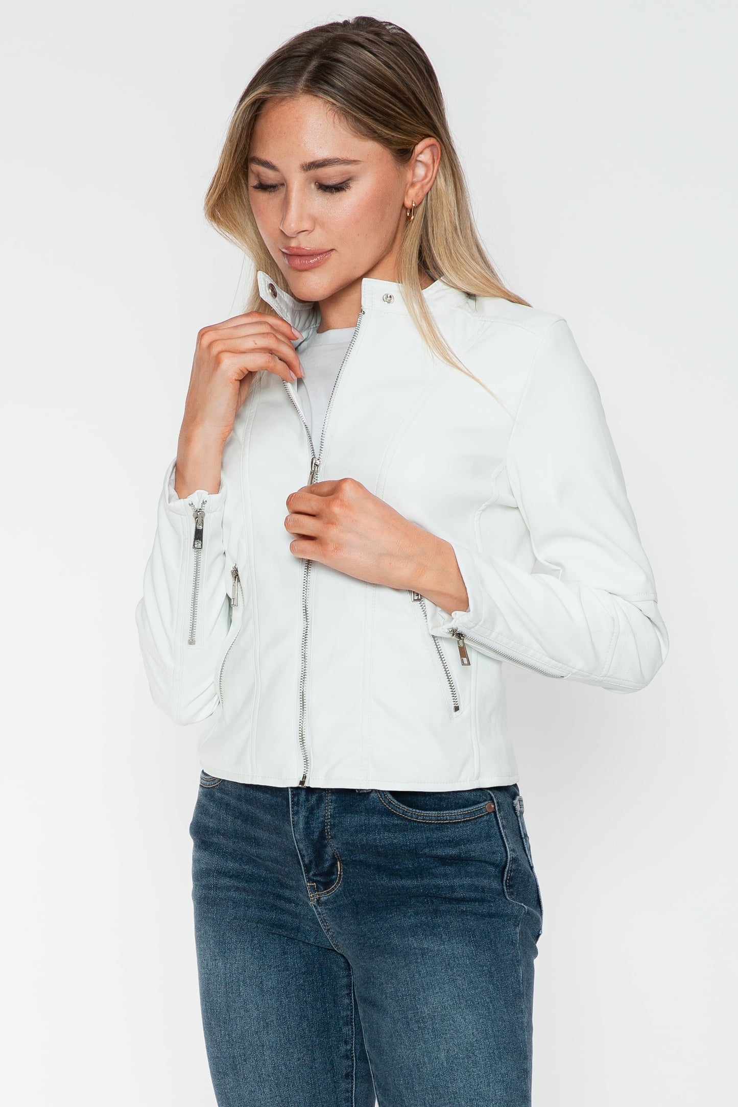 Snobbish PU Leather Zip Up Jacket with Pockets