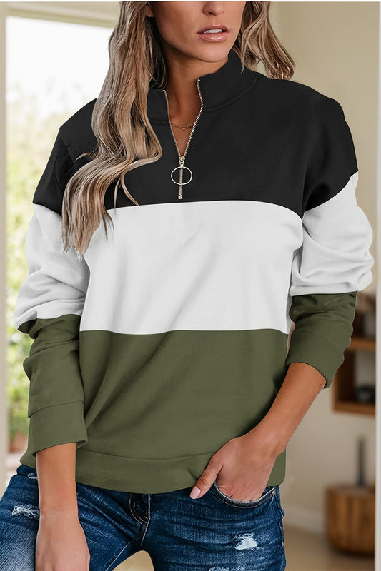 Full Size Color Block Quarter Zip Long Sleeve Sweatshirt