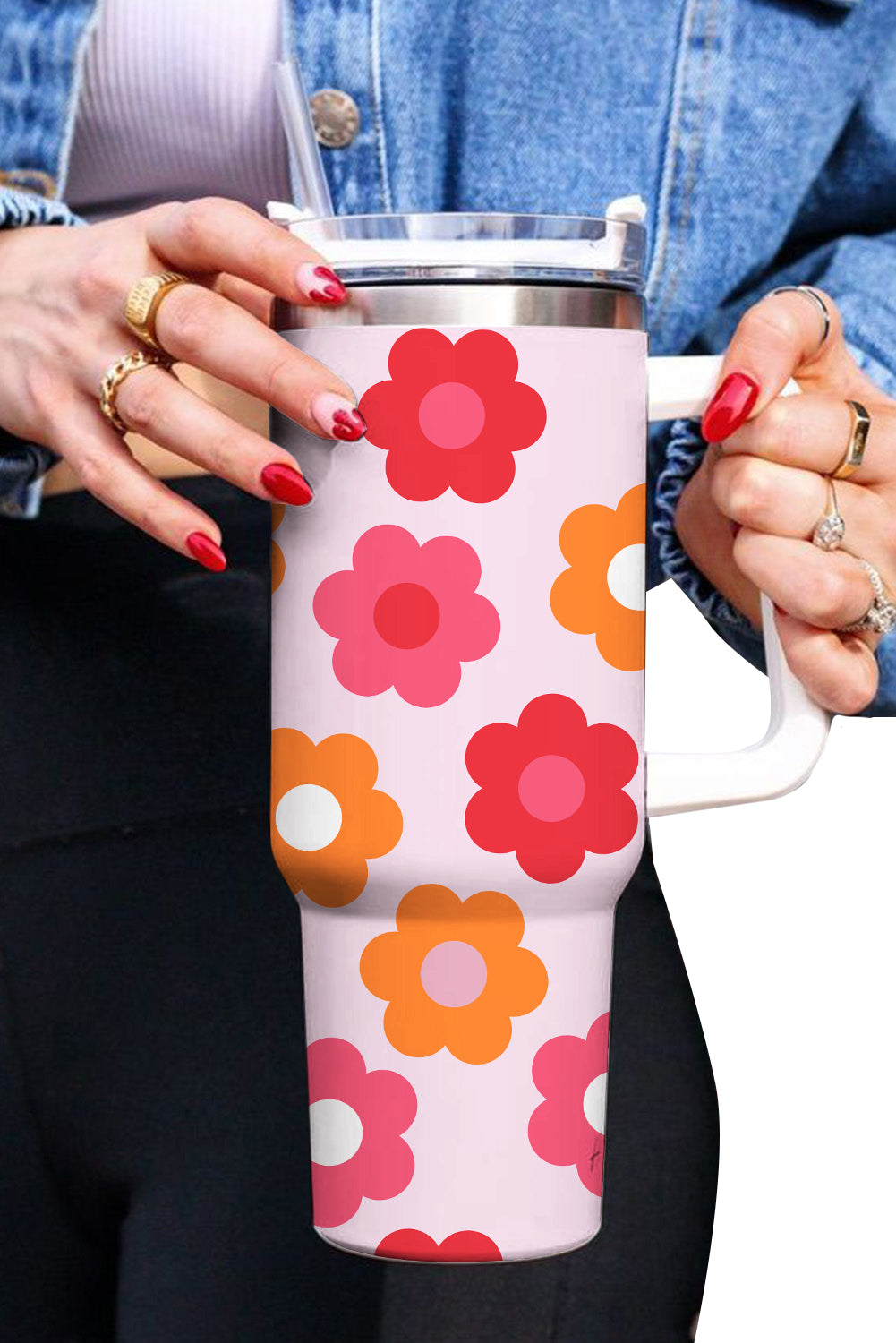 Multicolor Flower Print Handled Stainless Steel Vacuum Cup