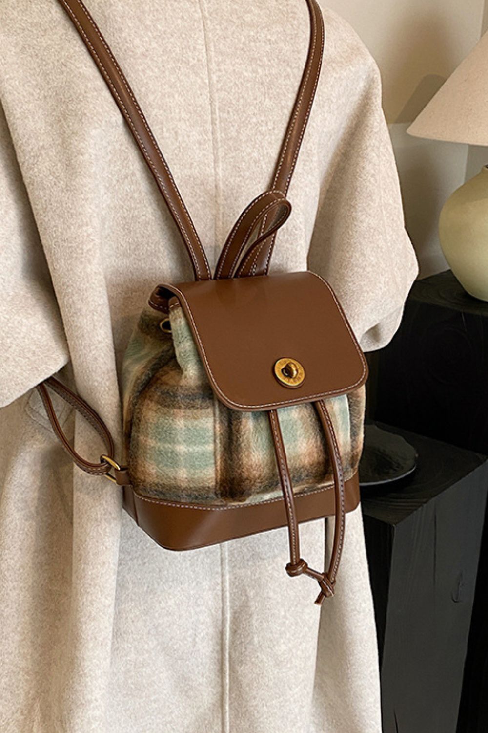 PU Leather Drawstring Plaid Backpack Bag