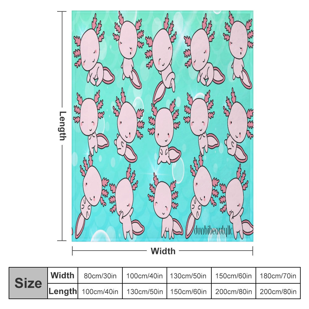 Ultra-Soft Flannel Blanket Multiple Sizes Axolotl, Underwater, Cute, Kawaii, Aesthetic, Art, Pink, Blue, Bubbles (Designed by Dunbi)