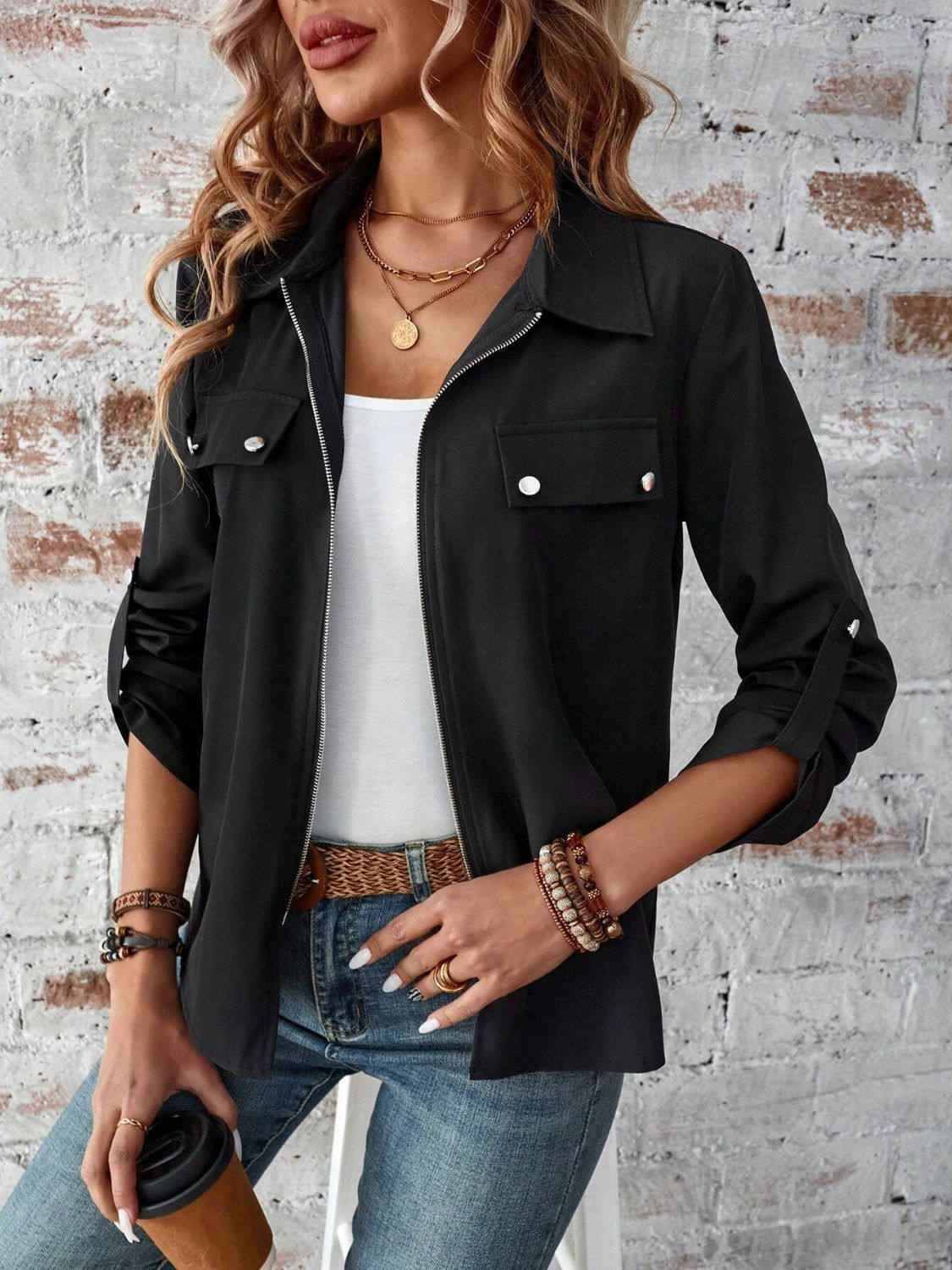 Zip Up Collared Neck Roll-Tab Sleeve Jacket