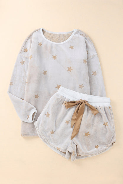 White Plush Star Pattern Long Sleeve Pullover and Shorts Lounge Set