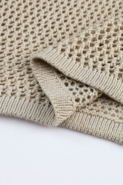 Khaki Hollow-out Knit Long Sleeve Top