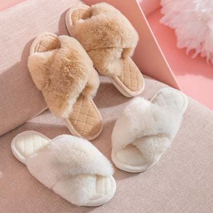 Cross-strap Furry Slippers Warm House Shoes For Women Winter Casual Flip Flops Fluffy Shoes Slides Soft Plush Home Indoor Slippers