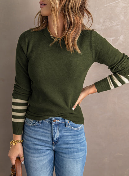 Green Striped Sleeve Plain Knit Sweater