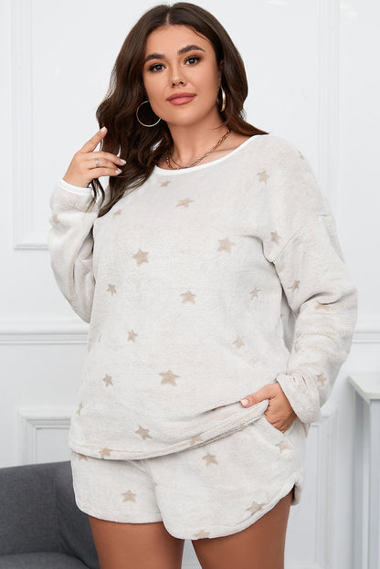 White Plus Size Plush Star Pattern Top and Shorts Set