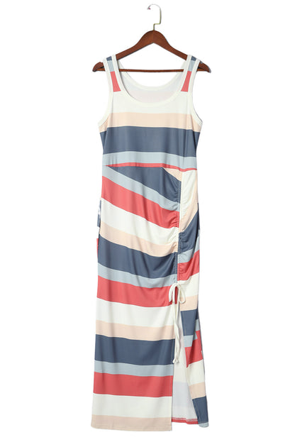 Multicolor Striped Color Block Ribbed Knit Lace-up Slit Tank Dress