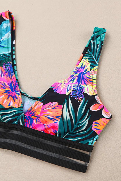 Tropical Floral Print Mesh Splicing Trim Bikini Swimsuit