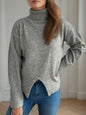 Front Slit Decorative Button Turtleneck Sweater