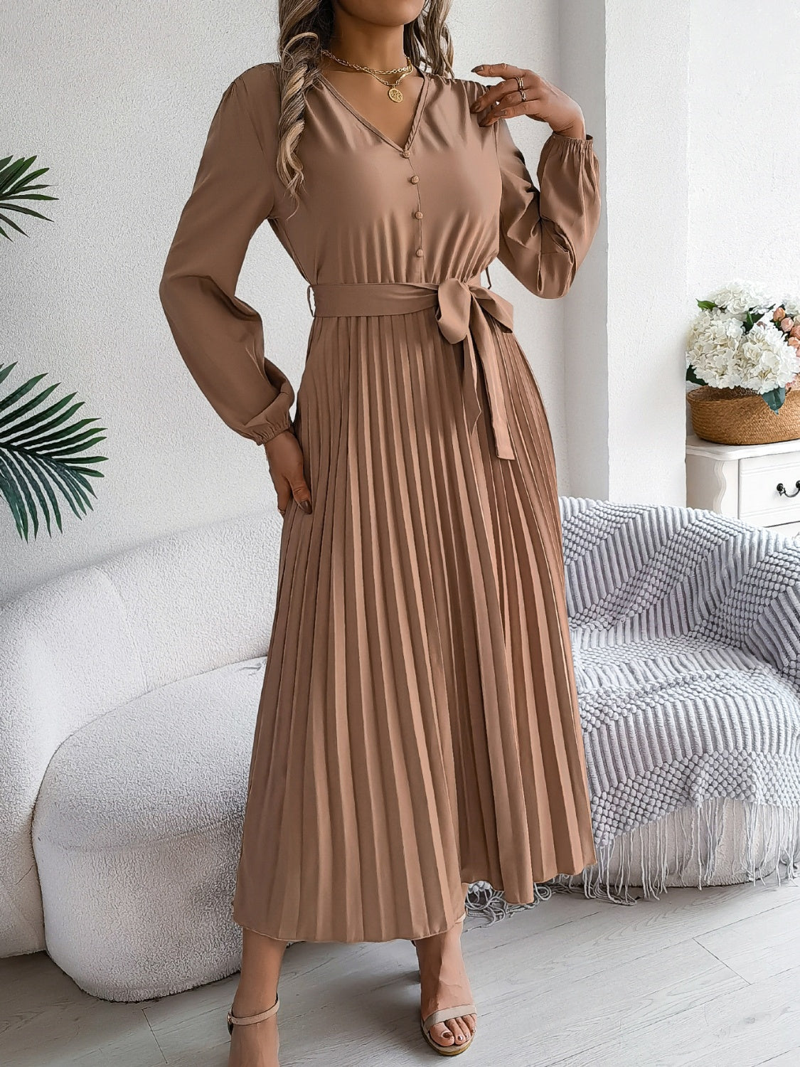 Pleated Tied V-Neck Long Sleeve Dress