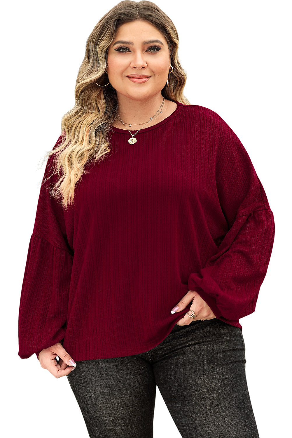 Red Dahlia Plus Size Balloon Sleeve Textured Knit Top