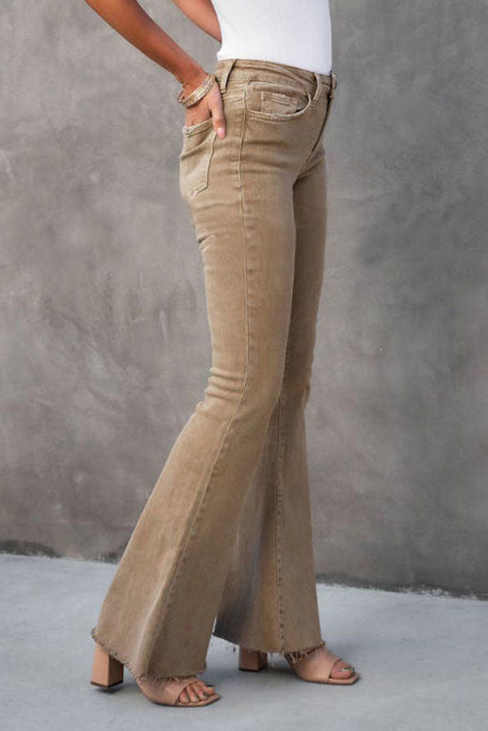 Khaki Basic Raw Hem High Waist Flare Jeans