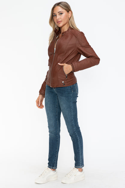 Snobbish Faux Leather Biker Jacket with Side Zip Pockets