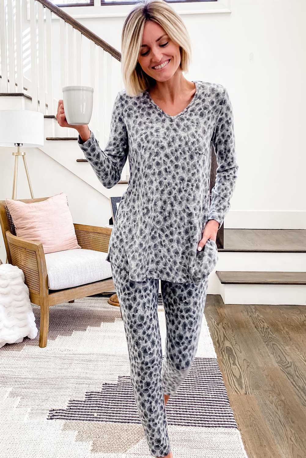 Leopard Long Sleeve Slit Top & Pants Loungewear Set