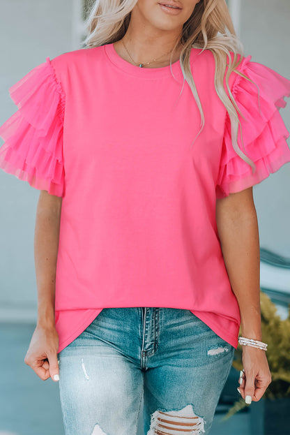 Pink Tulle Ruffle Sleeve Top