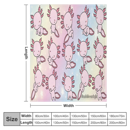 Ultra-Soft Flannel Blanket Multiple Sizes Axolotl, Pastel Rainbow, Cute, Kawaii, Aesthetic, Art, Pink, Blie, Yellow, Green, Purple (Designed by Dunbi)