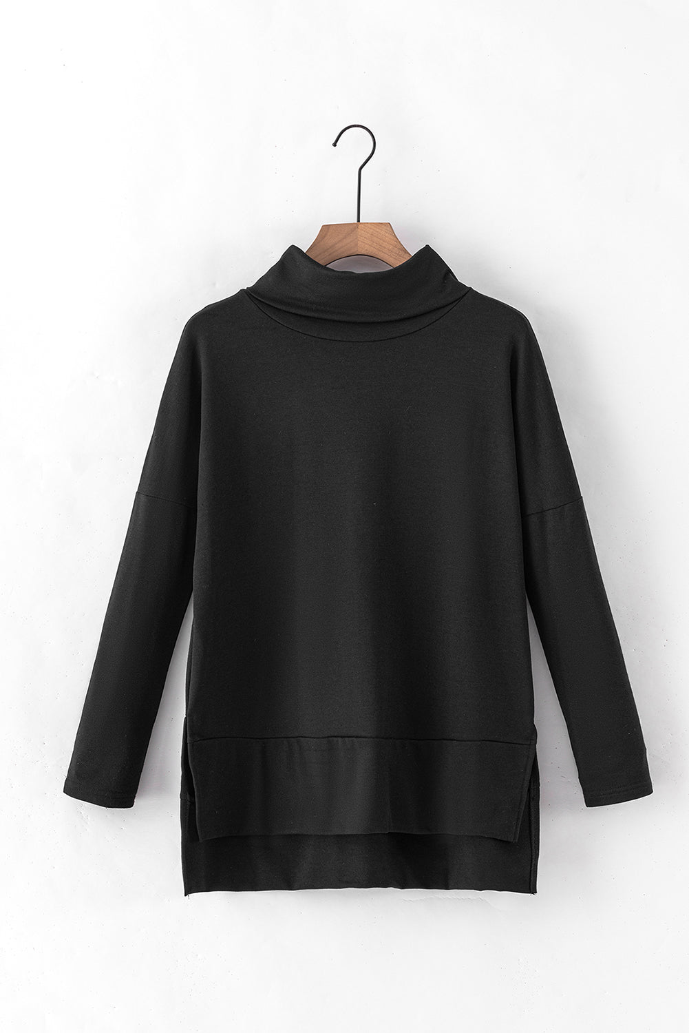 Side Slit High-Low Cowl Neck Long Sleeve Blouse