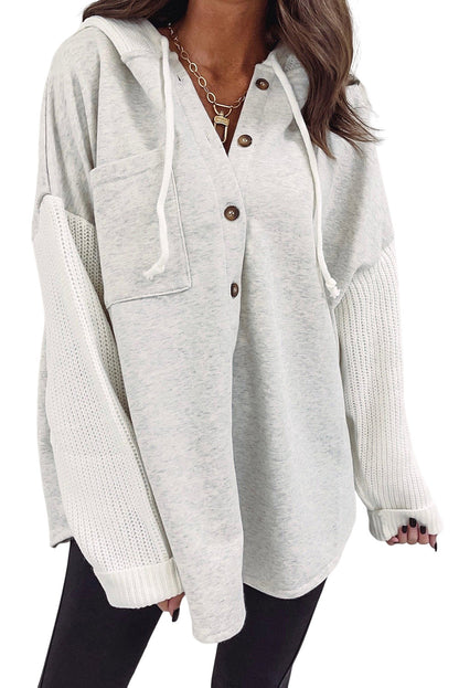 Gray Button Up Contrast Knitted Sleeves Hooded Jacket