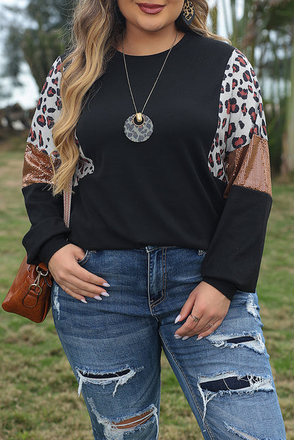 Black Leopard Sequin Patch Plus Size Long Sleeve Top