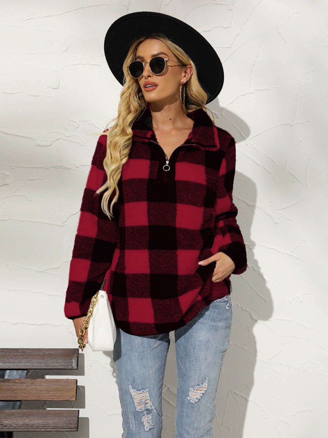 Shiny Plaid Half Zip Long Sleeve Sweatshirt