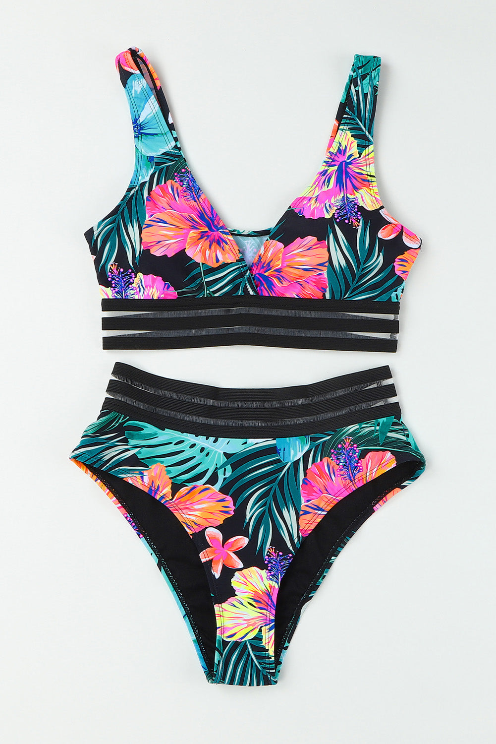 Tropical Floral Print Mesh Splicing Trim Bikini Swimsuit