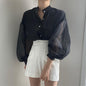 Women's Chic See-through Mesh Stand Collar Chiffon Shirt