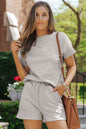 Gray 2pcs Solid Textured Drawstring Shorts Set