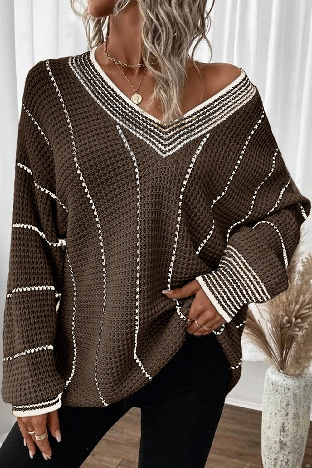 Striped V-Neck Dropped Shoulder Sweater