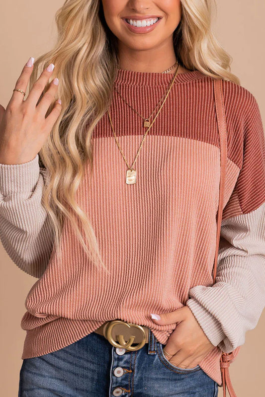 Red Color Block Cording Loose Long Sleeve Top