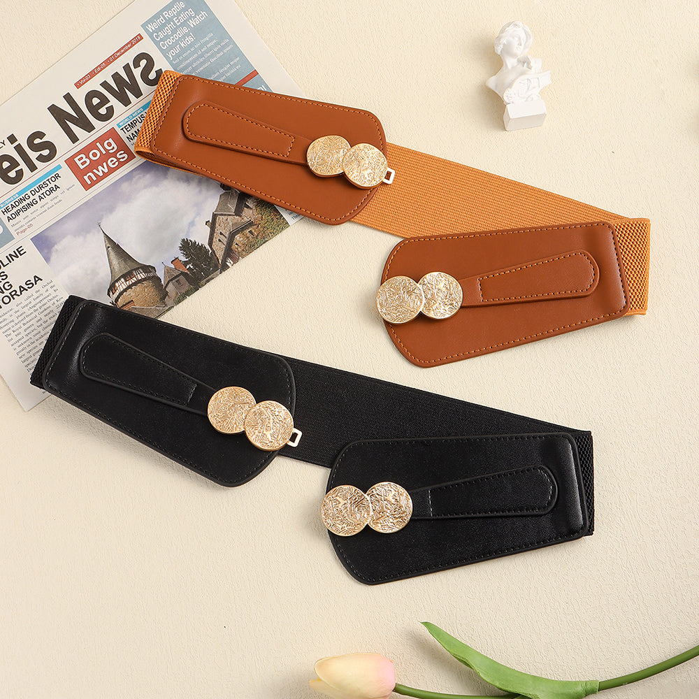 New Women's Belt Elastic Elastic Wide Waist Seal Senior Sense Carved Metal Buckle Everything Coat Shirt Cover Skirt