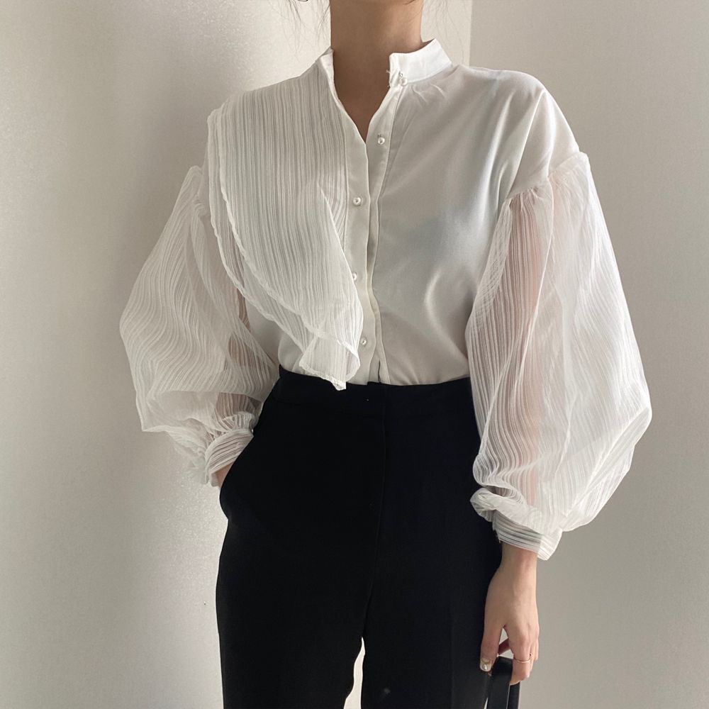 Women's Chic See-through Mesh Stand Collar Chiffon Shirt