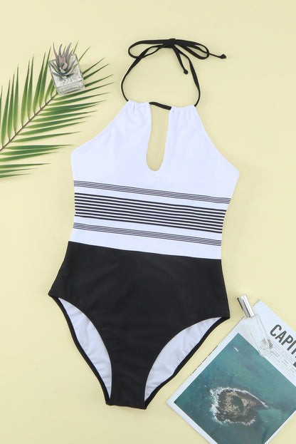 Striped Backless Cut Out Halter One Piece Swimsuit