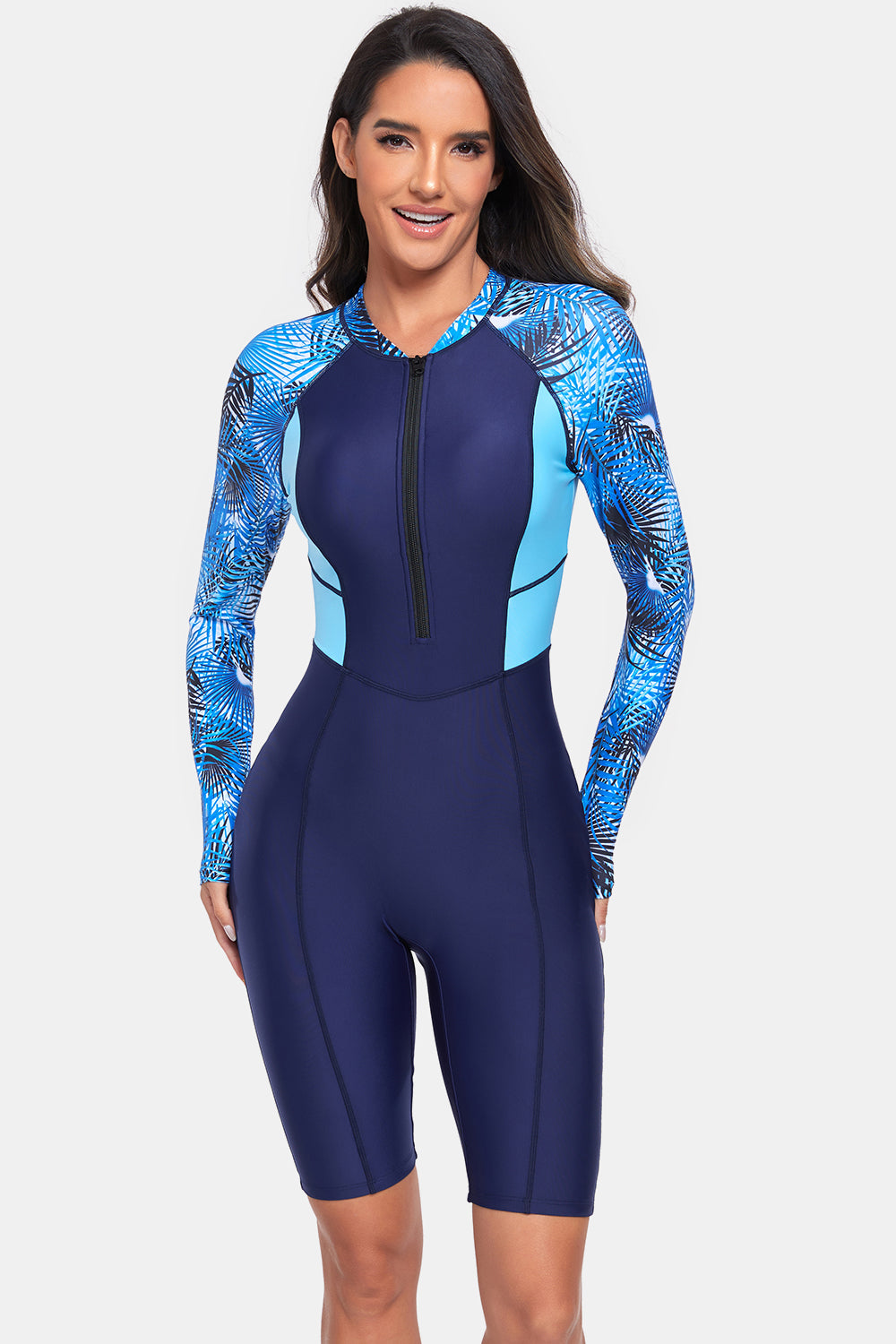 Printed Half Zip Long Sleeve One-Piece Swimwear