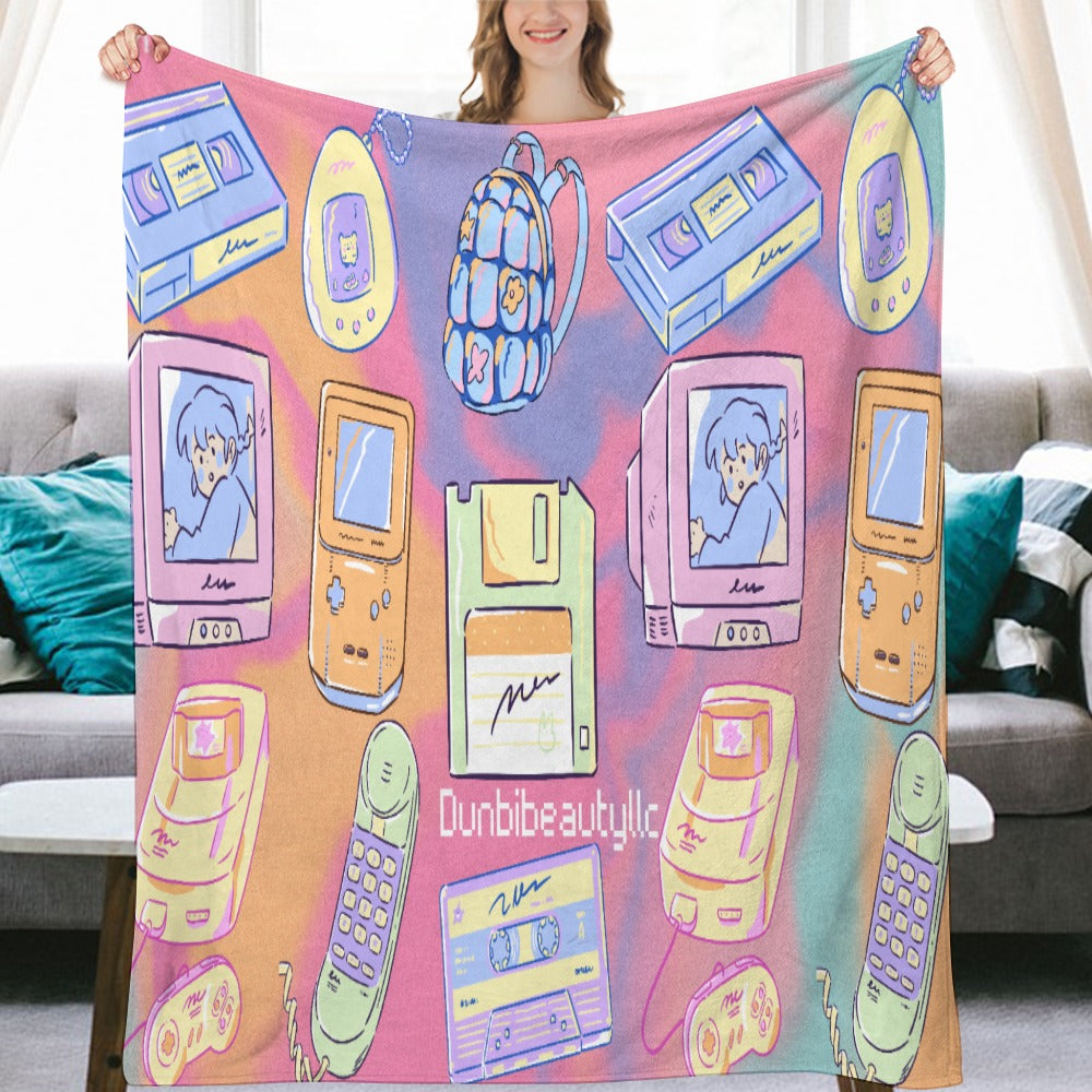 Ultra-Soft Flannel Blanket Multiple Sizes Kawaii, Retro, Anime, 90's Themed, Sherbet Colors, Pastel (Designed by Dunbi)