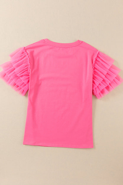 Pink Tulle Ruffle Sleeve Top