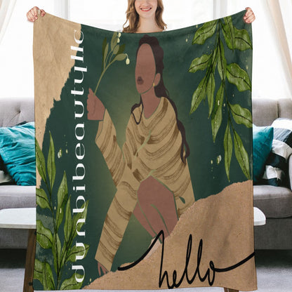 Ultra-Soft Flannel Blanket Multiple Sizes Black Woman with Flowers, Green, Grace, Beauty (Designed by Dunbi)