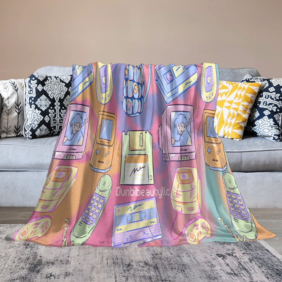 Ultra-Soft Flannel Blanket Multiple Sizes Kawaii, Retro, Anime, 90's Themed, Sherbet Colors, Pastel (Designed by Dunbi)