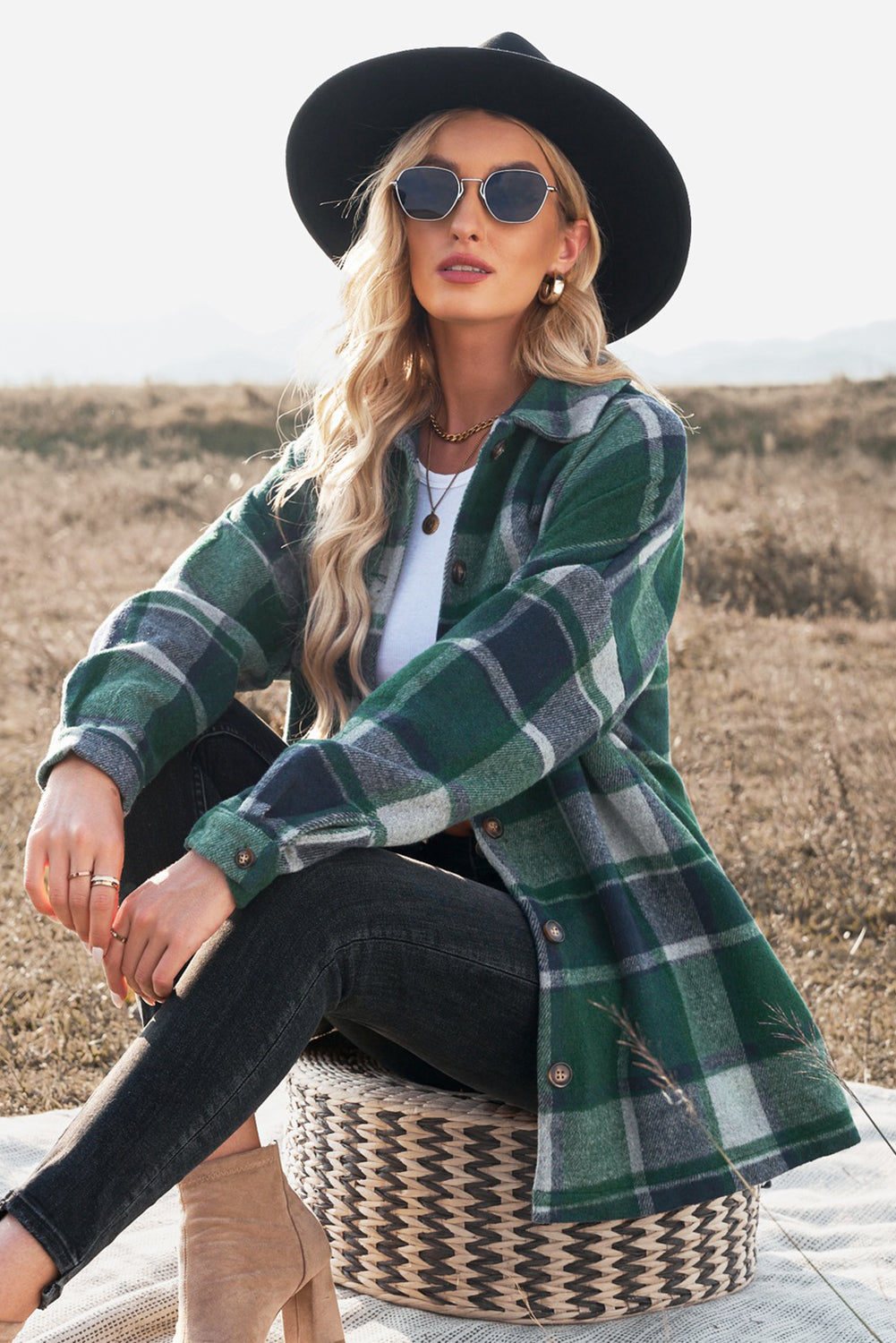 Plaid Print Buttoned Shirt Jacket Kiwidrop