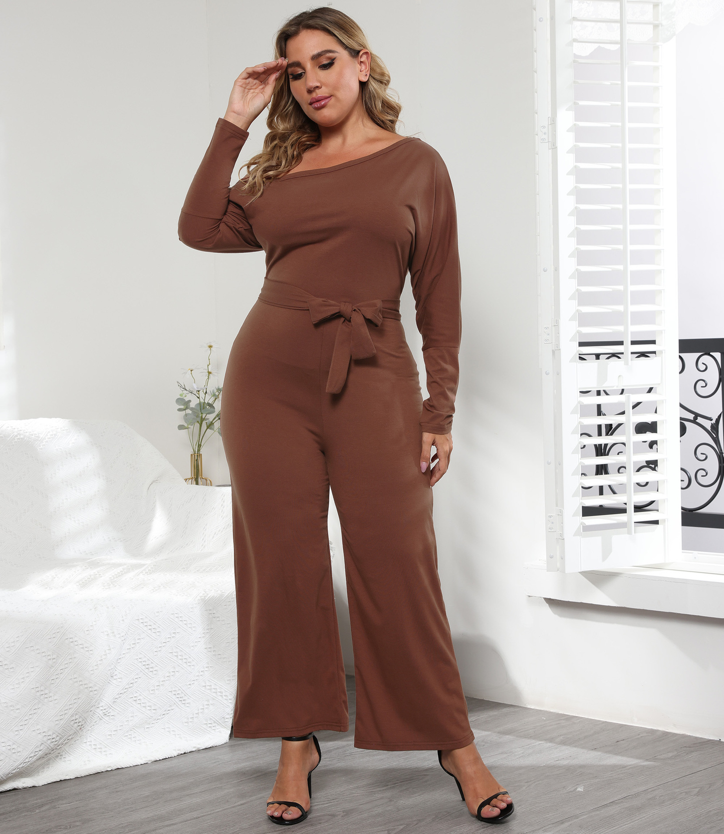 Plus Size Women's Long-Sleeved Jumpsuit With Straps Kiwidrop