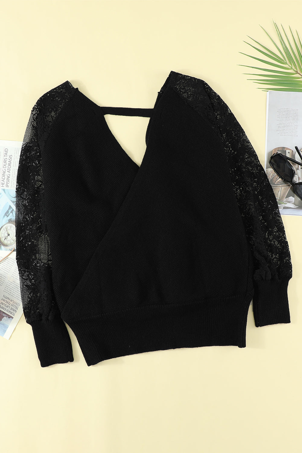 Sexy V Neck Surplice Hollow-Out Sweater With Lace Sleeves Kiwidrop