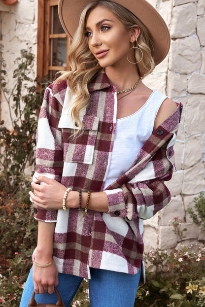 Plaid Dropped Shoulder Pocket Shacket Trendsi