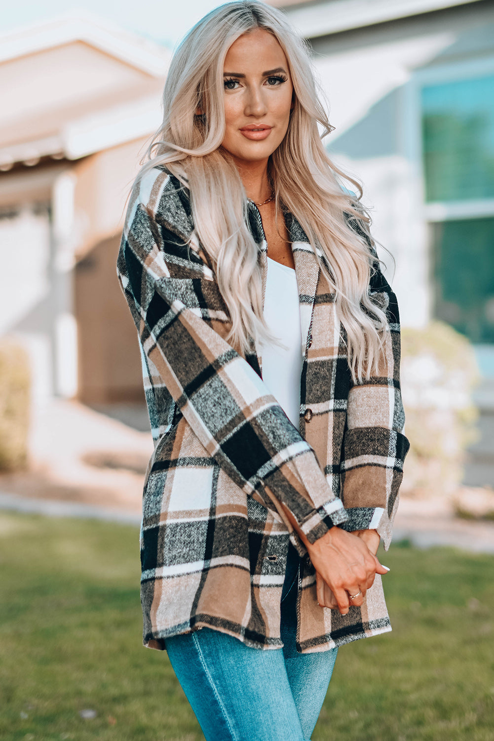 Plaid Print Buttoned Shirt Jacket Kiwidrop