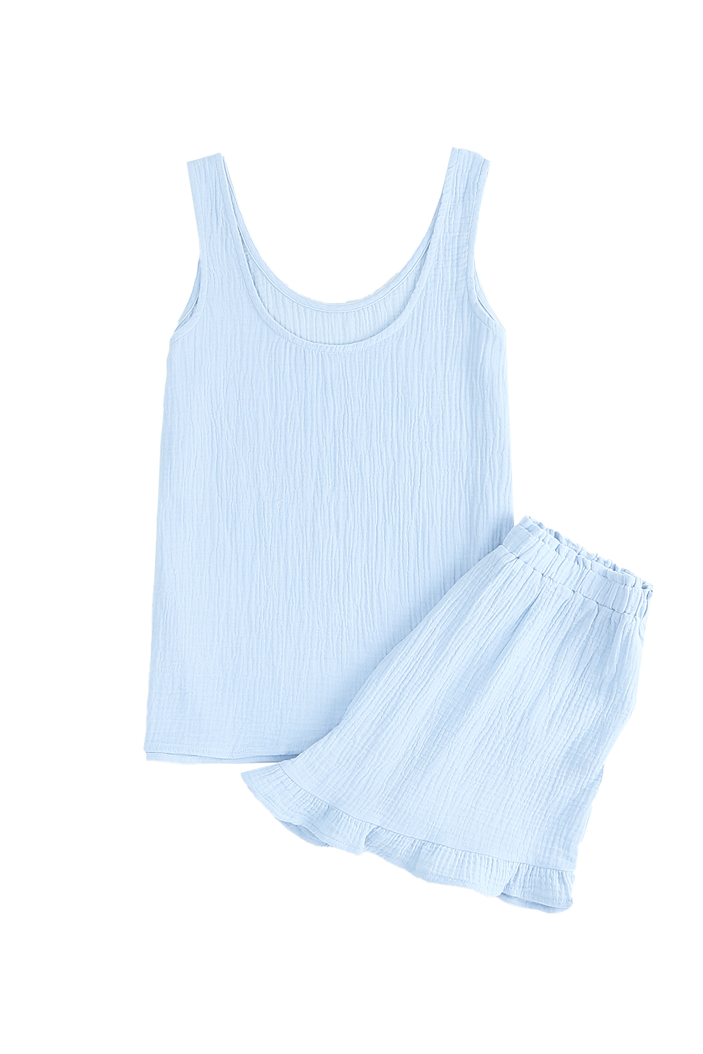 Sky Blue Textured U Neck Tank Top And High Waist Shorts Set Kiwidrop