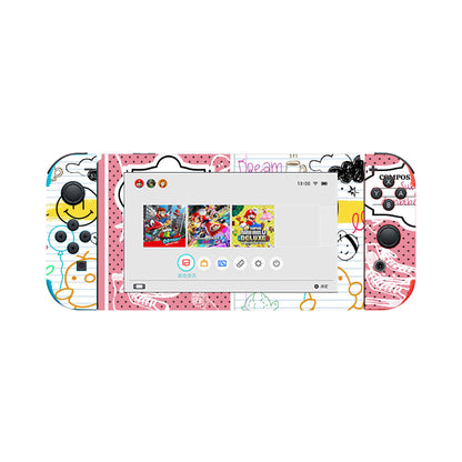 Nintendo Switch Game Console Stickers ｜PVC - Back to School, Composition Notebook Style, Doodles, Scribbles, Writing, Girl, Pink (Designed by Dunbi)